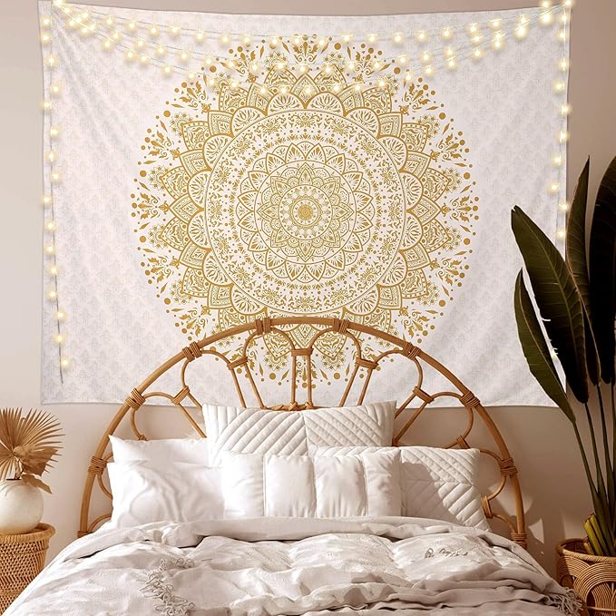 Edeesky White Golden Mandala Tapestry Wall Hanging Psychedelic Medallion Wall Tapestry Aesthetic Indian Hippie Decor Bohemian Art Boho Home Decoration for Bedroom,Living Room,Dorm