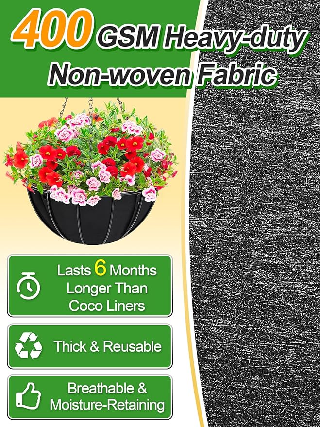 4pcs 14in Thick Felt Hanging Basket Liners - Heavy-Duty 400GSM Non-Woven Fabric Round Planter Liner for Garden Wall Flower Hanging Baskets, Replacement for Coco Fiber Liner