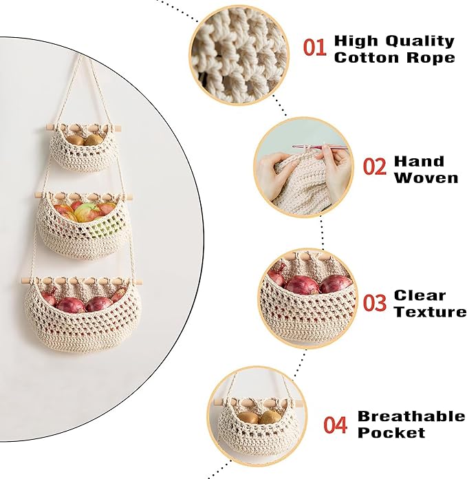 AARAINBOW Wall Cotton Hanging Baskets, Large 3 Tier Decorative Wall Basket, for Nursery, Boho Kitchen Decor - Cotton Rope Fruit basket (White)