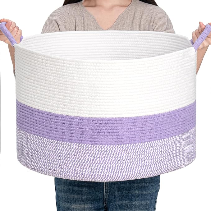 CLHMILY&Z Round Cotton Rope Storage Basket - 22x14.2 Inches - Cute Nursery Bin, Baby Toy Organizer, Lavender Organizer for Home Decor, Multi-Purpose Home Tidy Solution