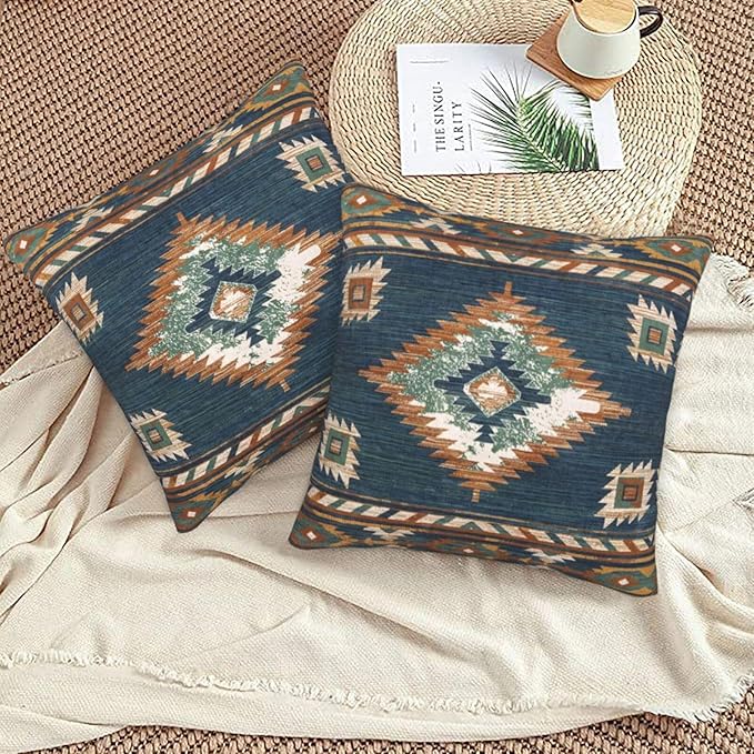 Southwest Aztec Western Pillow Covers 20x20 Set of 2, Native American Blue Throw Pillow Covers Outdoor Decorative Pillow Case for Couch Bed Sofa Cushion Home Decor