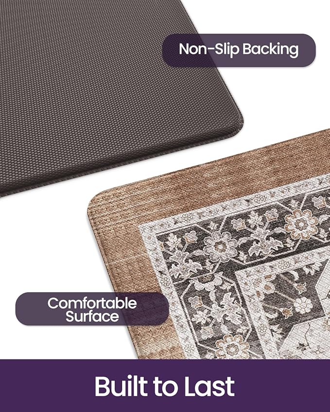 DEXI Kitchen Mats for Floor Cushioned, 23x35 Wide Runner Rug Non Slip, Waterproof Soft Comfort Standing Padded Anti Fatigue Decorative, Brown/White