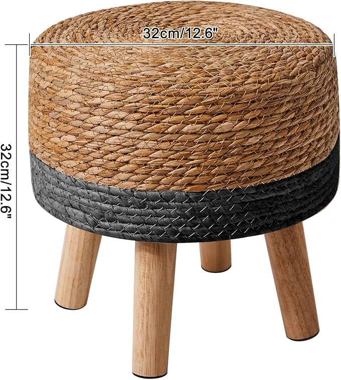 YMYNY Foot Stool Natural Seagrass Hand Weave, 12.6" Small Ottoman, Round Footrest for Living Room, Bedroom, Entryway, Change Shoes Stool, Non-Skid Wood Legs, Boho, Natural+Black UHBD027B