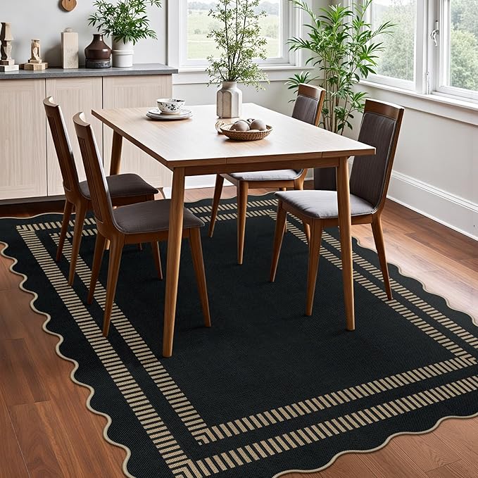 Scalloped Modern Easy Jute Carpet, 5x7 Outdoor Patio Washable Area Rug, Indoor Black Kitchen Rugs Farmhouse Neutral Non Slip Rug for Living Room Patio Entryway