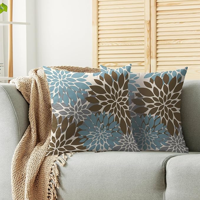 Brown Blue Grey Gray Pillow Covers 20X20 Inch Set of 2, Summer Modern Geometry Dahlia Floral Print Decorative Throw Pillow Covers Outdoor Farmhouse Cushion Case for Couch Sofa Bed Decor