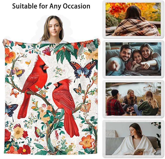 Cardinal Blanket Throw, Cardinal Gifts for Women and Men, Lightweight Soft Red Bird Blanket Fleece, Perfect for Living Room, Bedroom Decor, 60x80 Inches