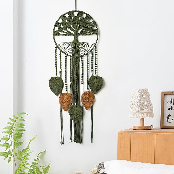 Large Tree of Life Dream Catchers, Macrame Wall Hanging, Boho Woven Tapestry, Macrame Wall Decor Art for Adults Boys Girls Bedroom Wedding Party, Festival Blessing Gift (Green & Brown)