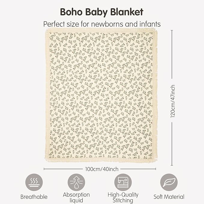 insular Cotton Muslin Baby Blanket with Tassel, Boho Bohemian Muslin Swaddle Blanket Baby Receiving Blanket with Fringe, Nursery Decor Throw or Nursing Blankets, 47" x40”, Cherry