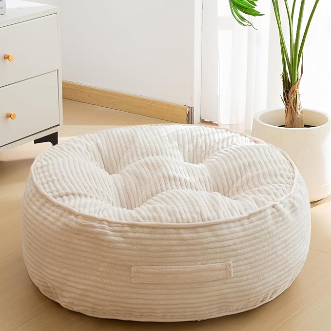 HIGOGOGO 8" Extra Thick Floor Pillow Cushion for Adults, Meditation Cushion Pillow, Large Round Floor Sitting, Tufted Corduroy Cover, for Tatami Living Room or Yoga, 22x22 Inch, Beige