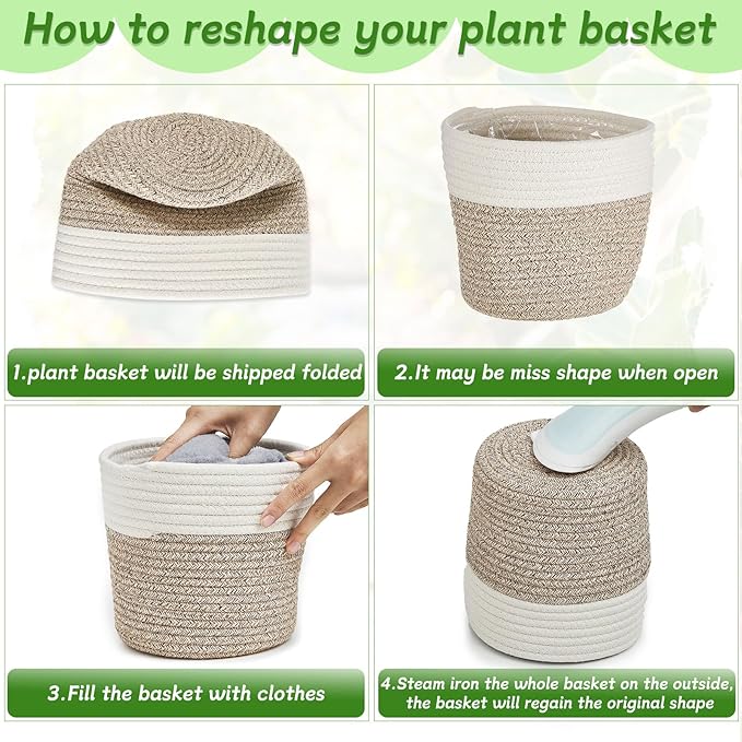 3 Pcs Cotton Rope Plant Basket with Plastic Liner Rustic Plant Basket Planters Modern Woven Decorative Pots for Home Flower Indoor Storage Decor, 7.5 x 6.5 Inches(White, Beige)