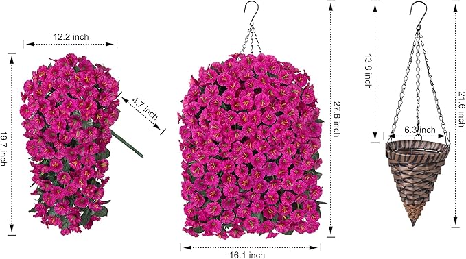 HyeFlora Artificial Fake Hanging Flowers Plants Baskets for Outdoor Outside Decoration, Faux Silk UV Resistant Realistic Fuchsia Morning Glory Planter for Home Porch Patio Balcony Garden Yard