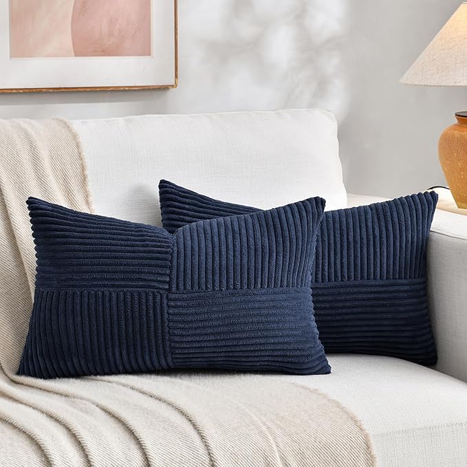Fancy Homi 2 Packs Navy Blue Lumbar Decorative Throw Pillow Covers 14x22 Inch for Living Room Couch, Rustic Farmhouse Boho Home Decor, Soft Striped Corduroy Rectangle Accent Cushion Case 35x55 cm