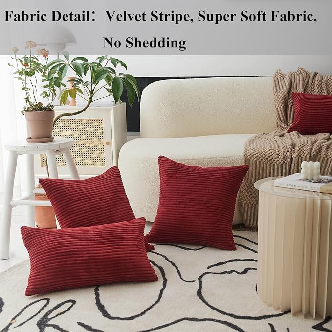 Home Brilliant Red Pillow Covers for Bed Decorative Throw Pillows for Couch Bed Set of 2 Striped Velvet Indoor Pillow Covers, 55x55cm, 22 x 22 Inch, Burgundy