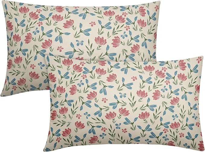 Green Pink Blue Floral Pillow Covers 12x20 Set of 2 Vintage Rustic Old Style Cute Small Flower Print Rectangle Decorative Outdoor Pillowcases Farmhouse Throw Cushion Case Decor for Couch Sofa Bed