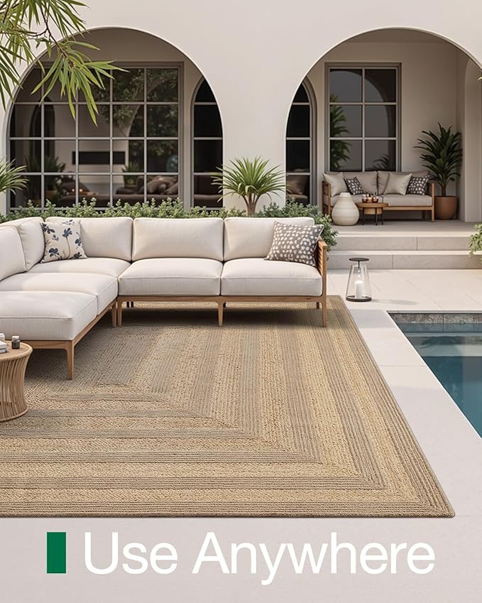 LUMI 8x10 Jute and Raffia Braided Area Rug for Living Room, Natural Woven Rugs Non Slip, Neutral Carpets No Shedding, Durable for High Traffic, Dining Room, Indoor, Outdoor, Patio