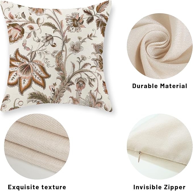 Brown Pillow Covers 16x16 Set of 2 Brown Chinoiserie Floral Throw Pillows Boho Vintage Flowers Decorative Pillow Cases Outdoor Chinoiserie Decor Farmhouse Linen Cushion Cover for Couch Sofa
