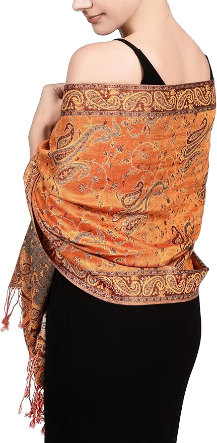 Achillea Reversible Paisley Pashmina Rave Scarf – Exotic Indian Shawls and Wraps for Evening Dresses, Festivals, All Seasons