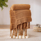 Boho Knitted Chenille Blanket with Tassels - Lightweight & Soft All-Season Throw - 3D Classic Pattern for Living Room Bedroom Couch, Amber Brown, Queen 90"x90"