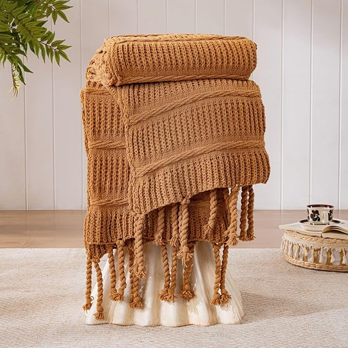Boho Knitted Chenille Blanket with Tassels - Lightweight & Soft All-Season Throw - 3D Classic Pattern for Living Room Bedroom Couch, Amber Brown, Queen 90"x90"