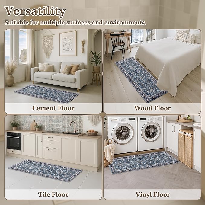 Arttown Kitchen Mats for Floor 2Pcs-Anti Fatigue Non Slip Mats for Kitchen Floor, Cushioned Waterproof & Stain-Resistant Boho Stripe Mat Set, Laundry Room, Office, Sink, Desk (Blue)