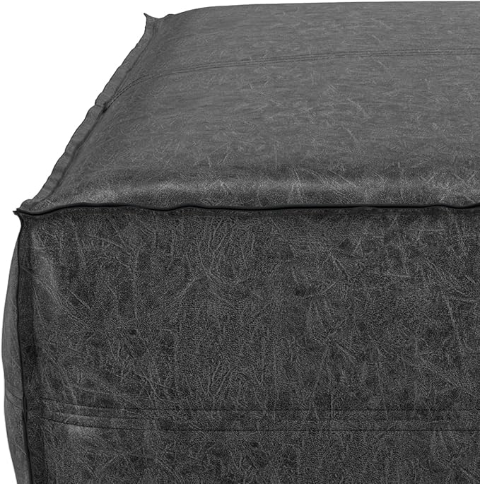 SIMPLIHOME Brody Extra Large Coffee Table Pouf - 36 inch Wide Upholstered Vegan Leather Square Ottoman in Distressed Black, Boho Footstool, Coffee Table or Extra Seating for Living Room, Assembled