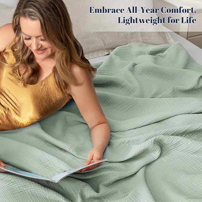 PHF 100% Cotton Muslin Throw XL Blanket Large 50" x 70", 4-Layer Lightweight Gauze Throw, Breathable Cloud-Soft Minimalist Blanket for Bed, Couch, Camping & Baby, Sage Green, Ideal Gift