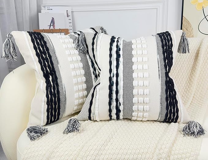 Boho Throw Pillow Covers 18x18 Aesthetic Neutral Boucle Couch Pillow Cover Rainbow Striped Decorative Accent Pillow Case for Couch Bed Sofa Farmhouse,Modern Funky,Set of 2 Black and White