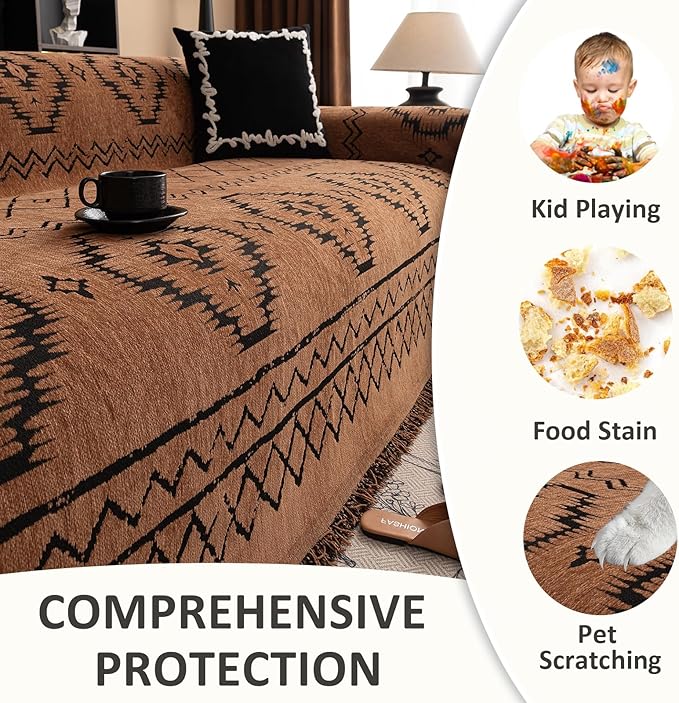 VClife Bohemian Sofa Covers Chenille Couch Cover for Sectional Couch, Soft Non Slip Couch Covers for 3 Cushion Sofa Breathable Sofa Furniture Protector Slip Cover for Couch, Pumpkin, 71"X150"