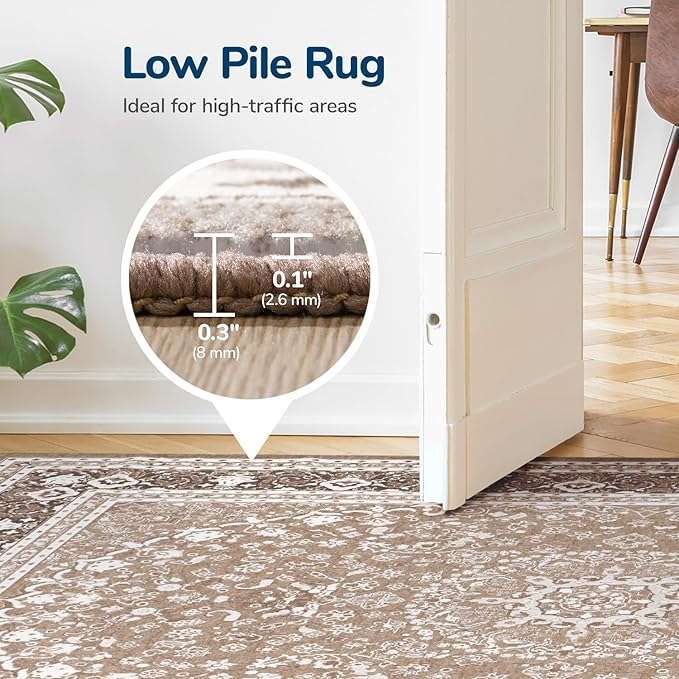 Lessymo 6 x 9 Area Rugs for Living Room, Machine Washable Area Rugs Boho Faux Wool Low Pile Area Rug for Bedroom, Floral Medallion Vintage Rugs with Non-Slip Rubber, Kid & Pet Friendly,Brown White