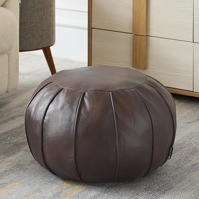 Louis Donné Brown Waterproof Faux Leather Unstuffed Pouf Ottoman, Handmade Moroccan Pouf Cover 21"x13", Round Floor Cushion Floor Chair Footstool for Living Room, Bedroom and Wedding (Only Cover)