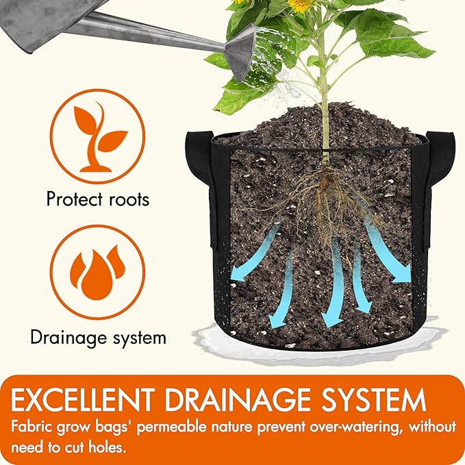Gardzen 10-Pack 7 Gallon Grow Bags, 300G Thickened Fabric Grow Bags with Handles, Heavy Duty Aeration Plant Grow Bags