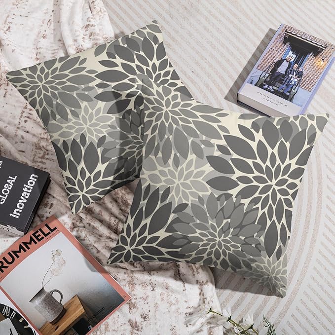 Grey Gray Pillow Covers 22X22 Inch Set of 2, Dahlia Flower Spring Summer Floral Cream Decorative Throw Pillow Covers Outdoor Modern Farmhouse Cushion Case for Home Couch Sofa Bed Decor
