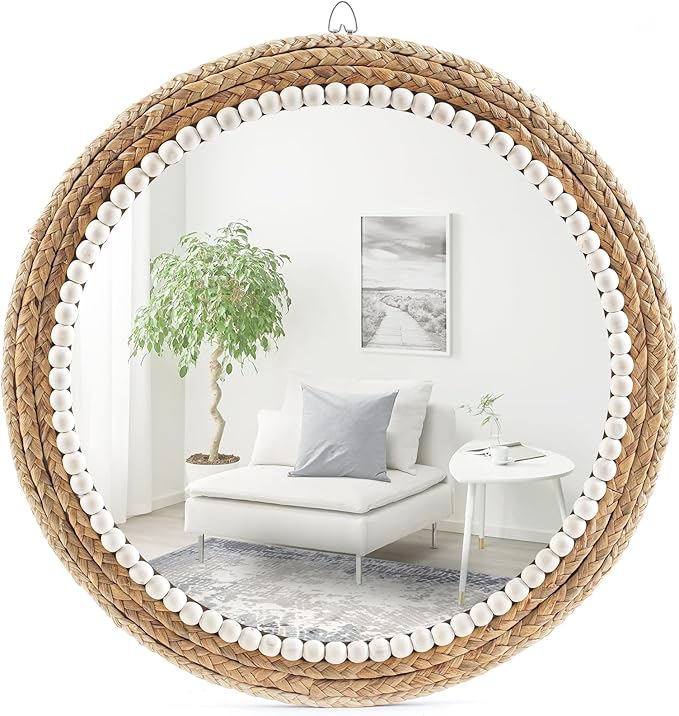 22 Inch Boho Style Decorative Mirror, Round Rattan Wall Hanging Mirror, Nature Rattan Woven Round Mirror, Makeup, Dressing Mirror, Suitable for Dressing Room, Living Room, Bedroom, Farmhouse