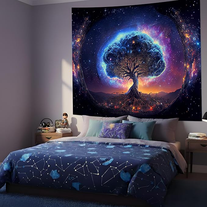Avinyl Blacklight Tree and Space Tapestry for Bedroom, Aesthetic Cool Black Light Tree of Life Tapestries for Girl, Fantasy Stars Galaxy Wall Hanging for Living Room Teen Dorm Christmas Festival Decor (60" x 79")