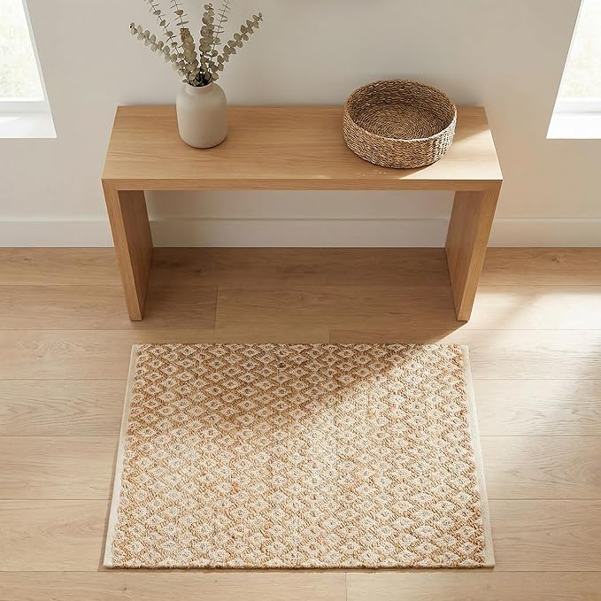 Jute Cotton Diamond Hand Woven Rug 2x3 Feet - Natural White, Farmhouse Oudoor Indoor Floor Carpet Rugs Ideal for Entryway, Kitchen, Nursary | Accent Reversible Beige Door Mat for Home Décor