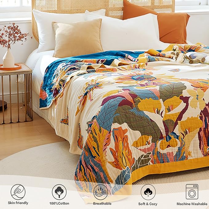Boho Throw Blanket 60" x 80", 100% Organic Cotton Skin-Friendly Lightweight Ultra Soft Bed Quilt Throw - Spring Floral Butterfly Farmhouse Decor Blanket for Sofa Couch Chair and Gift.
