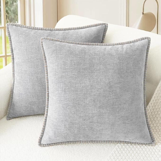 CaliTime Throw Pillow Covers Decorative 24 X 24 Inches Pack of 2 Cotton Thread Stitching Edges Solid Dyed Soft Chenille Cushion Cases for Couch Sofa Bed Living Room Farmhouse Moonbeam Gray