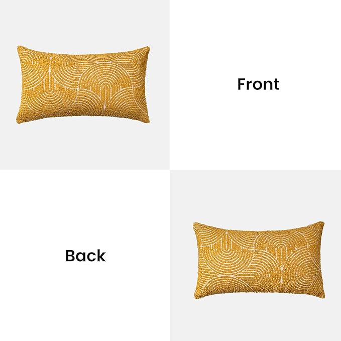 AELS Boho Decorative Textured Throw Pillow Covers 12x20, Organic Modern Mid Century Rainbow Tufted Pillow Case, Farmhouse Rustic Geometric Woven Cushion Case for Bed Couch Sofa, Mustard Yellow