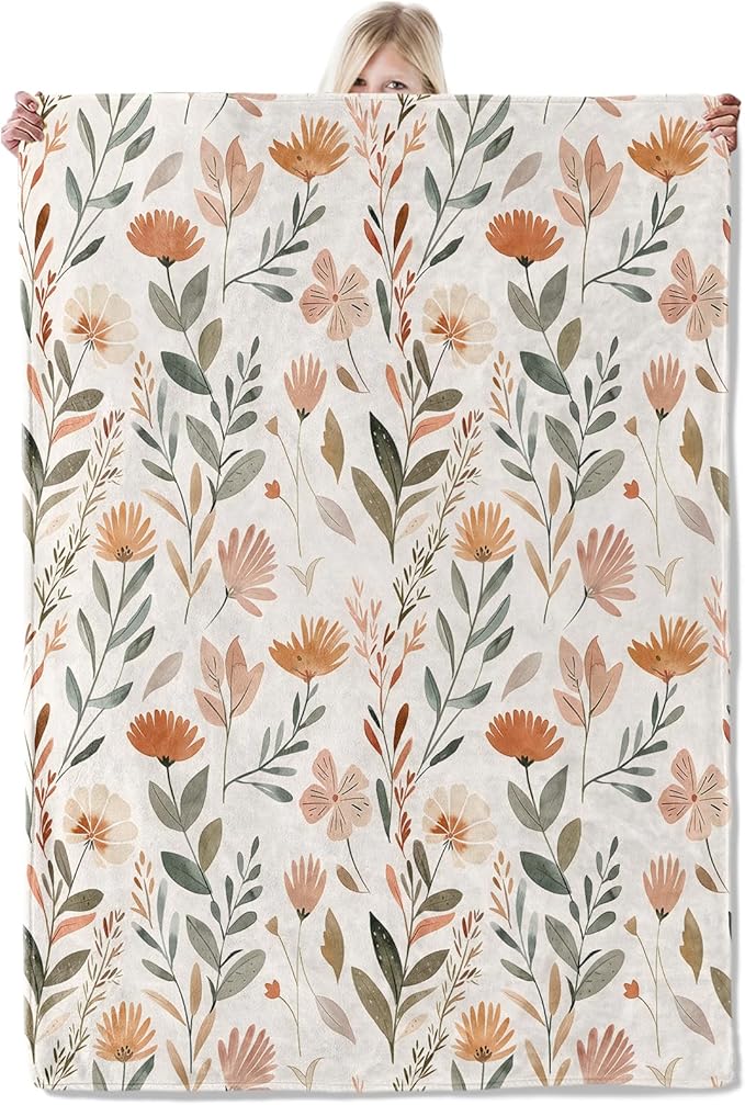 Floral Fall Garden Blanket 40×50 Inch,Soft Beige Botanical Lightweight Flannel Throw with Autumn Wildflower,Boho Rustic Farmhouse Home Decor,Gifts for Girls,Women