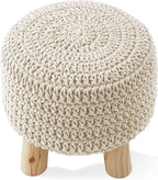 Casafield Pouf Ottoman Footstool, 13" Round x 11" High, Hand-Knitted Cotton Footrest, Non-Skid Wood Legs, Boho Foot Stool for Living Room, Bedroom (Natural)