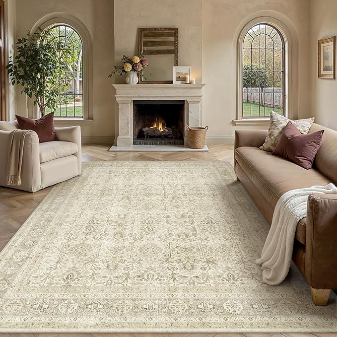 Vintage Area Rug 8x10 Beige Washable Living Room Large Carpet Non Slip Bedroom Indoor Office Low Pile Traditional Distressed Retro Accent Rug for Dining Room