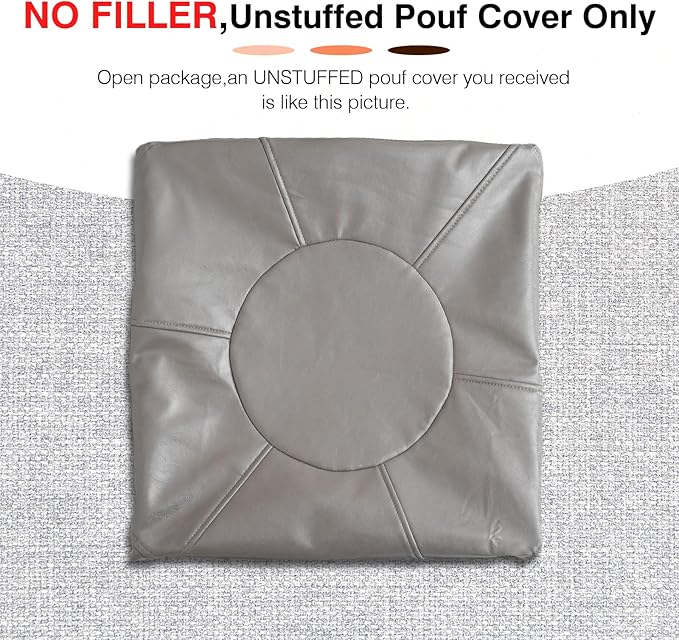 Unstuffed Ottoman Pouf Cover 20 X 15 Inch, Round Pu Leather Foot Stool, Floor Bean Bag(No Filler), Foot Rest with Storage for Living Room/Bedroom/Office, Gray