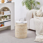 Wimarsbon 2Pcs Pouf Ottomans, Natural Seagrass Foot Stool, Hand Weaving Round Ottoman, Boho Decorative Seat, Jute Braided Pouffe Poof Accent Sitting Footrest for Living Room (Corn Husk)