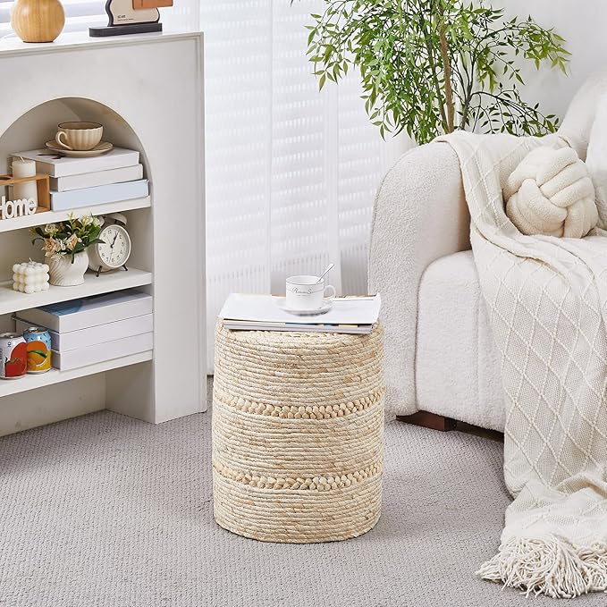 Wimarsbon 2Pcs Pouf Ottomans, Natural Seagrass Foot Stool, Hand Weaving Round Ottoman, Boho Decorative Seat, Jute Braided Pouffe Poof Accent Sitting Footrest for Living Room (Corn Husk)