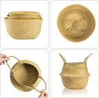 Seagrass Plant Basket with Handles Set of 3 - Woven Belly Basket Planter with Liner for Indoor Plants, Olive Tree, Monstera, Snake Plant, Faux Tree, 8" 9" 10" 12 Inch Pots, Boho Floor Basket