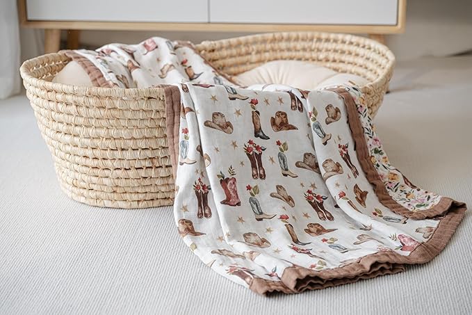 Little Jump Cowgirl Floral & Highlandcow Muslin Blanket Baby Quilt - Silky Soft and Breathable Crib Blanket for Daycare - Large 47" x 47" - 2 Layers Toddler Summer Blankets for Girls (Cow Girl)
