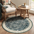 Dark Round Rugs 4ft for Entryway, Low Pile Thin Washable Small Circle Rug for Bedroom Living Room Non Slip, Tranditional Medallion Round Carpet for Kitchen Dining Room, Midnight/Multi