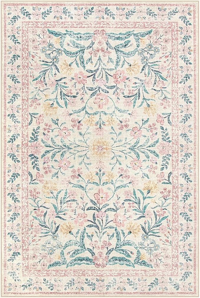 Lahome Sylvie Pink Washable Rugs for Bedroom Girls 6x9, Boho Floral Living Room Rugs Non-Slip, Soft Low-Pile Nursery Carpet for Dining Room Kids Dorm Decor, Blush