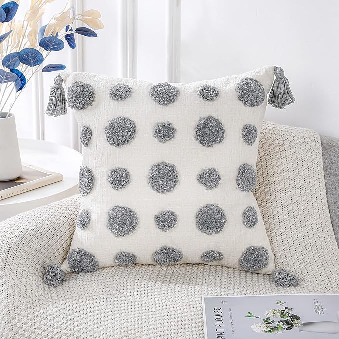 PANOD Super Soft Farmhouse Decorative Plush Throw Pillow Covers 18 x 18 Grey,Solid Pom pom Tufted with Tassels Modern Accent Boho Square Cushion Cover Pillow Case for Couch Sofa