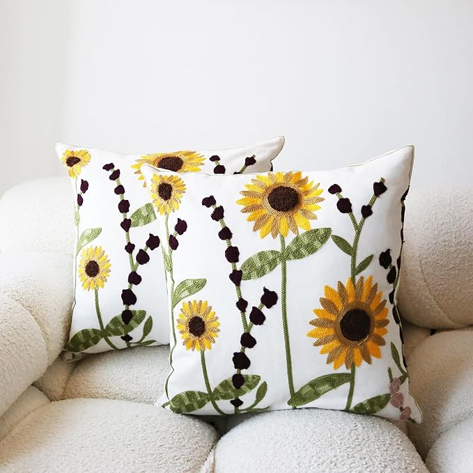 Sunflower Pillow Cover Boho Embroidered Pillow Covers for Couch Sofa Yellow Flowers Bohemian Pillow Covers Cotton Linen Botanical Plant Leaves 2PCS Pillowcase Covers 18x18 Inch